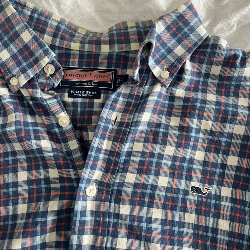 Vineyard Vines Whale Shirt Coral Blue Plaid Button Up Long Sleeve Mens